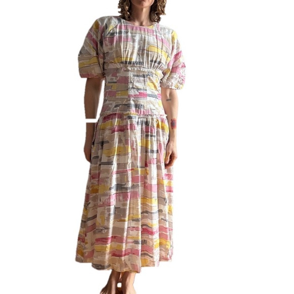 Moon River Sz M Colorful Pastel Puff Sleeves Poplin Open Back Maxi Dress